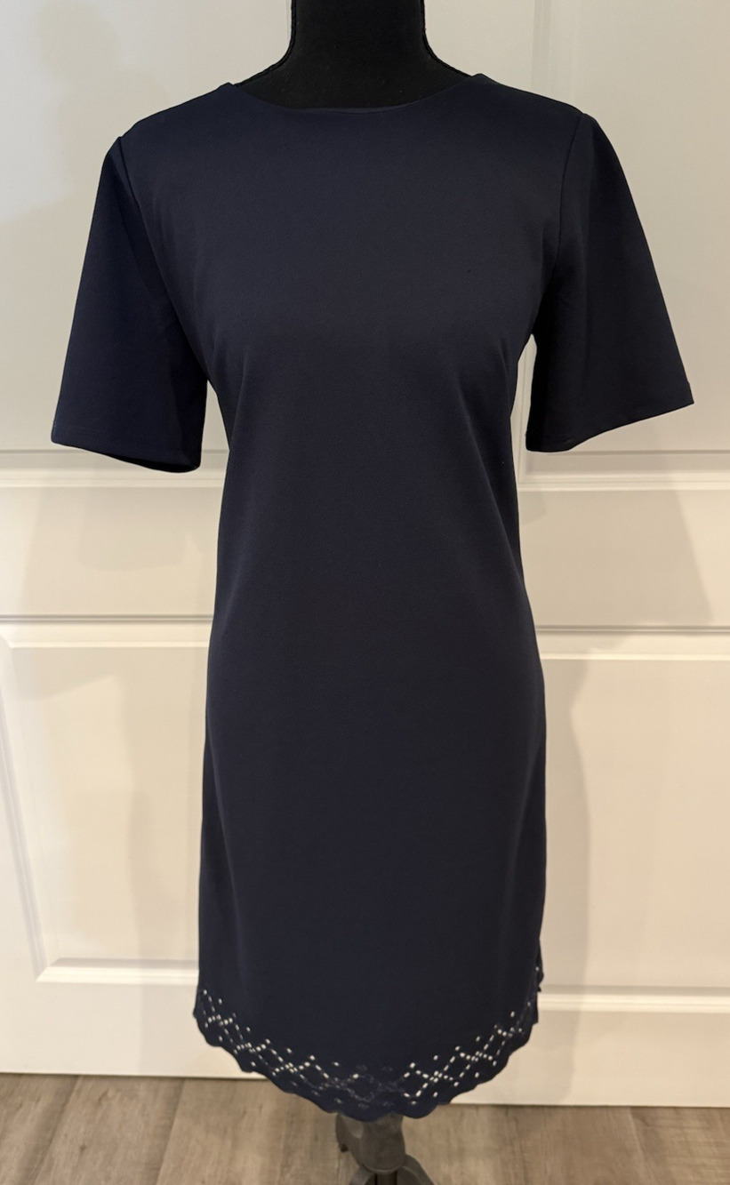 Ann Taylor Short Sleeve Shift Dress Womens 4Tall Navy Blue Pointelle Hem Scallop